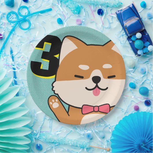 3歳の誕生日パーティーかわいい柴犬子犬あい ペーパープレート (パーティー)