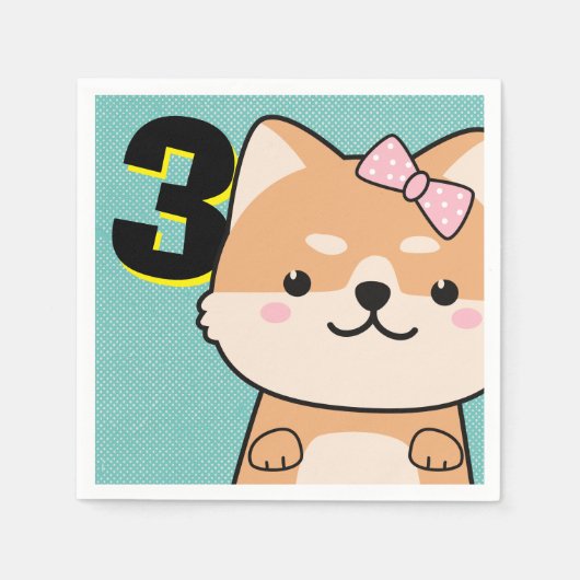 3歳の誕生日パーティーかわいい柴犬子犬ゆき スタンダードカクテルナプキン (正面)