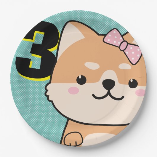 3歳の誕生日パーティーかわいい柴犬子犬ゆき ペーパープレート (正面)