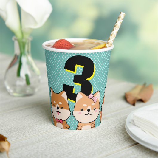 3歳の誕生日パーティーかわいい柴犬子犬クルー 紙コップ (インサイチュ)