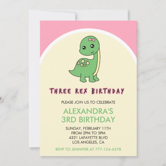 3歳の誕生日パーティーの女の子にぴったりな恐竜モチーフの招待状 招待状 (正面)