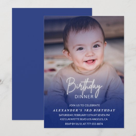 3歳の誕生日パーティーの招待状 誕生日ディナー 写真 男の子 招待状 (正面/裏面)
