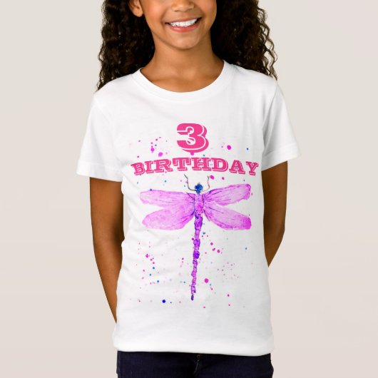 3歳の誕生日パーティーピンクのトンボガーリーイ Tシャツ (正面)
