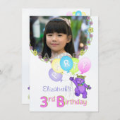 3歳の誕生日パーティープリンセスのカスタム写真 招待状 (正面/裏面)