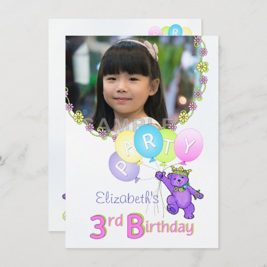 3歳の誕生日パーティープリンセスのカスタム写真 招待状 (正面/裏面)