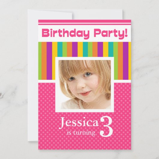 3歳の誕生日パーティー招待状　楽しいネオン　女の子 招待状 (正面)