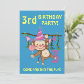 3歳の誕生日パーティー – かわいいサル+バルーンカラフルー 招待状 (スタンド正面)