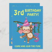 3歳の誕生日パーティー – かわいいサル+バルーンカラフルー 招待状 (正面/裏面)