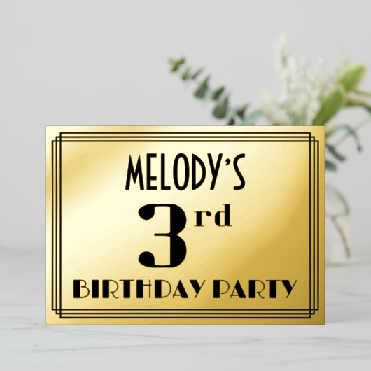 3歳の誕生日パーティー:アートデコ風「3」と名前 箔招待状 (立ち正面)