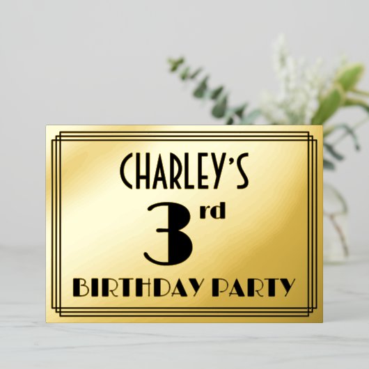 3歳の誕生日パーティー — アートデコ風 「3」 + 名前 箔招待状 (立ち正面)