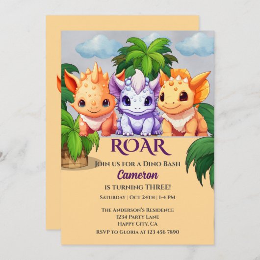 3歳の誕生日パーティーDino Bash 招待状 (正面/裏面)