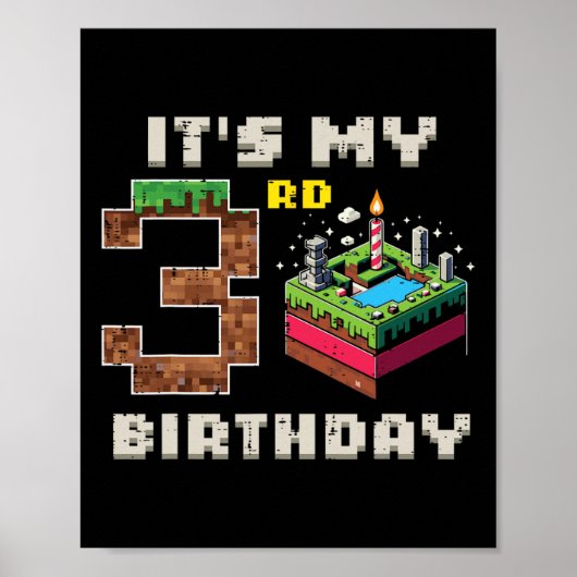 3歳の誕生日ピクセルゲーム3ケーキのビデオゲーマー男子 ポスター (正面)