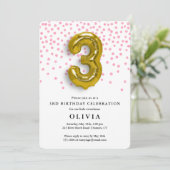 3歳の誕生日ピンクの紙吹雪とゴールドの風船 招待状 (スタンド正面)