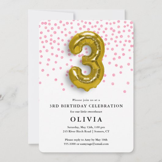 3歳の誕生日ピンクの紙吹雪とゴールドの風船 招待状 (正面)