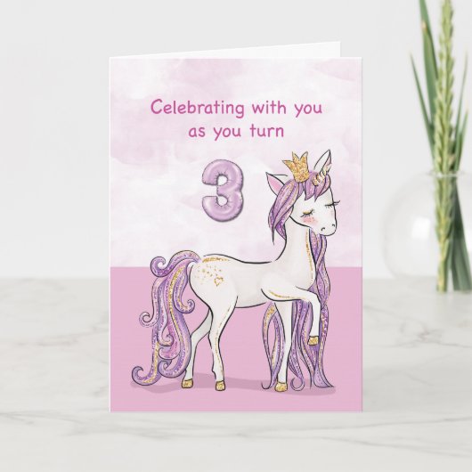 3歳の誕生日ピンクの馬のカード 王冠をかぶった馬 カード (正面)