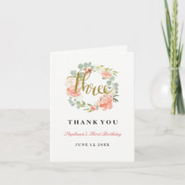 3歳の誕生日ピンクゴールドの花輪 サンキューカード