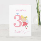3歳の誕生日フェアリー、かわいい女の子パーソナライズされた カード (正面)