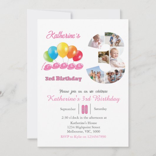 3歳の誕生日フォトコラージュ番号3女の子 招待状 (正面)