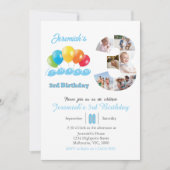 3歳の誕生日フォトコラージュ番号3男の子 招待状 (正面)