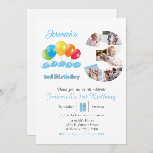 3歳の誕生日フォトコラージュ番号3男の子 招待状 (正面/裏面)