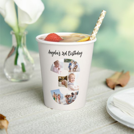 3歳の誕生日フォトコラージュ ナンバー3 ペーパカップ 紙コップ (インサイチュ)