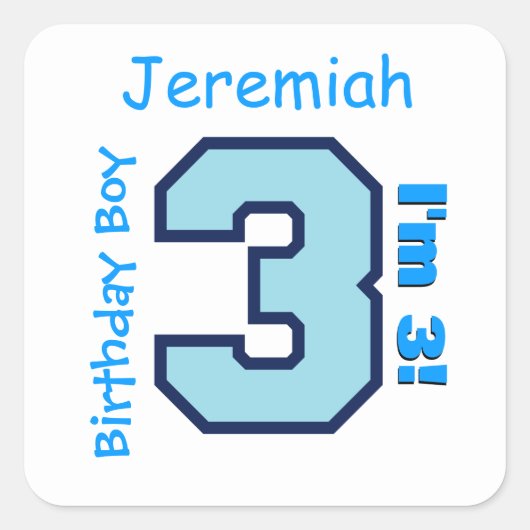 3歳の誕生日ボーイブルー3歳カスタムB3AZ スクエアシール (正面)