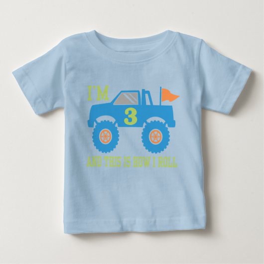 3歳の誕生日モンスタートラック ベビーTシャツ (正面)