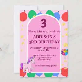 3歳の誕生日ユニコーンバルーン招待状 招待状