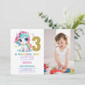 3歳の誕生日ユニコーンバースデー招待状の写真 招待状 (スタンド正面)