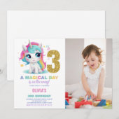 3歳の誕生日ユニコーンバースデー招待状の写真 招待状 (正面/裏面)