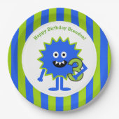 3歳の誕生日リトルモンスターブルーグリーンボーイかわいい ペーパープレート (正面)
