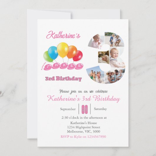 3歳の誕生日写真コラージュ番号3 女の子 招待状 (正面)