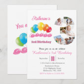 3歳の誕生日写真コラージュ番号3 女の子 招待状 (正面/裏面)