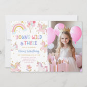 3歳の誕生日写真 ユニコーンとワイルドなお転婆娘 招待状 (正面)