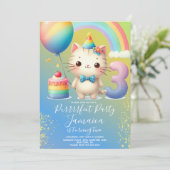 3歳の誕生日子猫の虹のパーティー 招待状 (スタンド正面)
