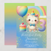 3歳の誕生日子猫の虹のパーティー 招待状 (正面/裏面)
