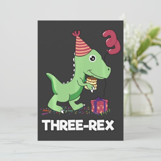 3歳の誕生日少年の恐竜3人のレックス サンキューカード (スタンド正面)