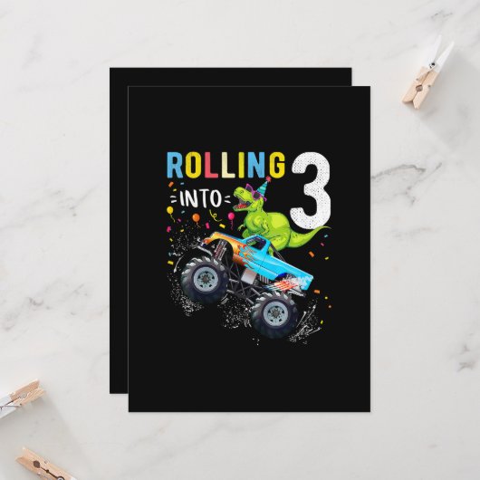 3歳の誕生日恐竜モンスタートラックファミリー カード (正面/裏面インサイチュ)