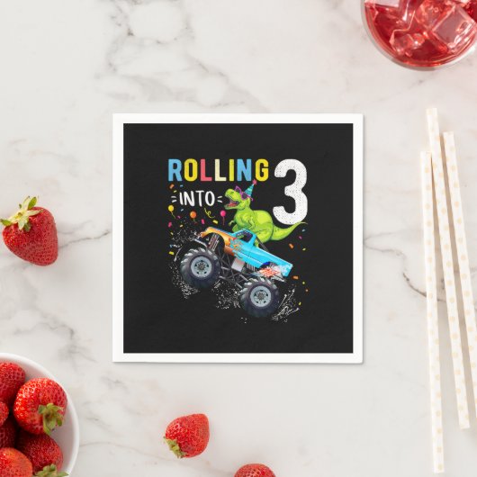 3歳の誕生日恐竜モンスタートラックファミリー スタンダードカクテルナプキン (インサイチュ)