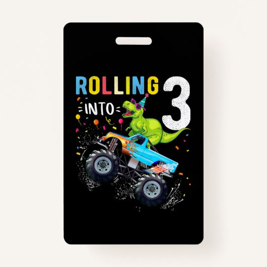 3歳の誕生日恐竜モンスタートラックファミリー バッジ (正面)