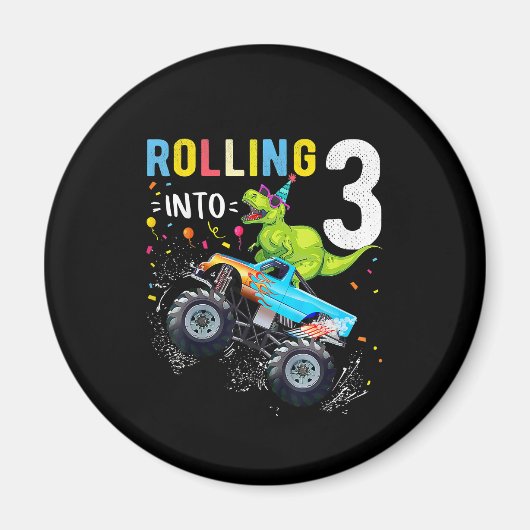 3歳の誕生日恐竜モンスタートラックファミリー マグネット (正面)