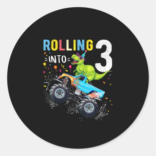 3歳の誕生日恐竜モンスタートラックファミリー ラウンドシール (正面)