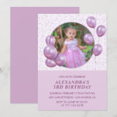 3歳の誕生日招待状バルーン写真紫 招待状 (正面/裏面)