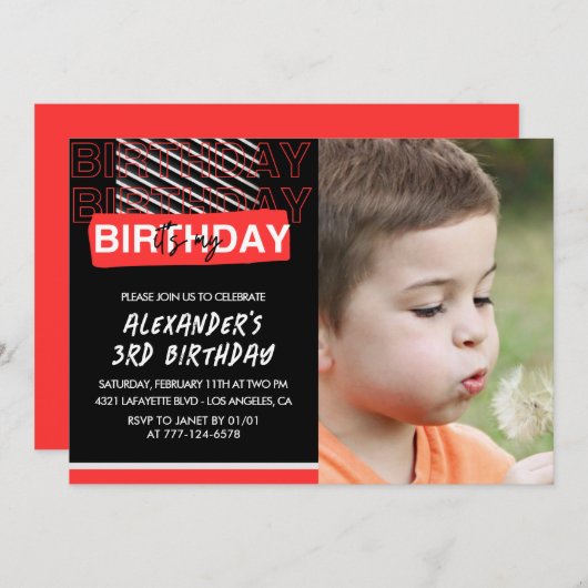 3歳の誕生日招待状男の子パーティーフォトレッド 招待状 (正面/裏面)