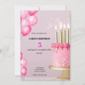 3歳の誕生日招待状 – かわいい＆カスタマイズ可能なパーティー 招待状 (正面)