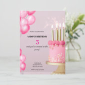 3歳の誕生日招待状 – かわいい＆カスタマイズ可能なパーティー 招待状 (スタンド正面)