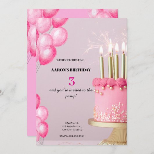 3歳の誕生日招待状 – かわいい＆カスタマイズ可能なパーティー 招待状 (正面/裏面)