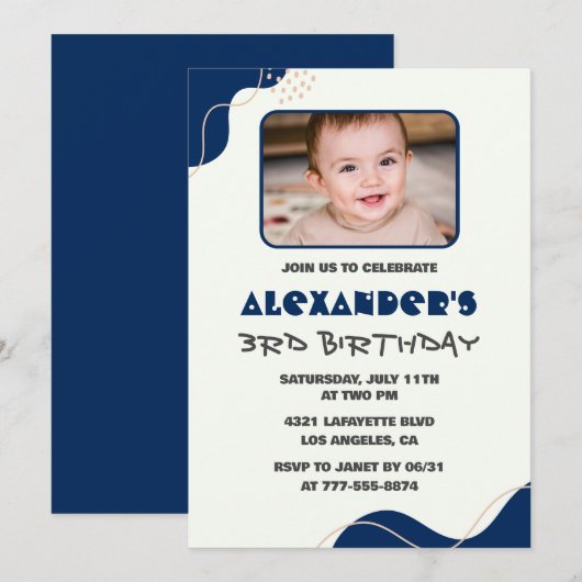 3歳の誕生日招待状 男の子 ネイビーシンプルフォト 招待状 (正面/裏面)