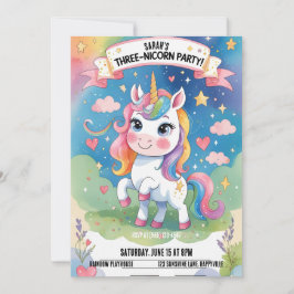 3歳の誕生日招待状- Unicorn 招待状