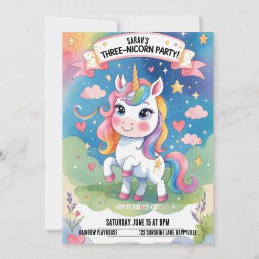 3歳の誕生日招待状- Unicorn 招待状 (正面)